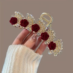 Red Rose Rhinestone Tassel Pendant Grab Clip Hair Accessory