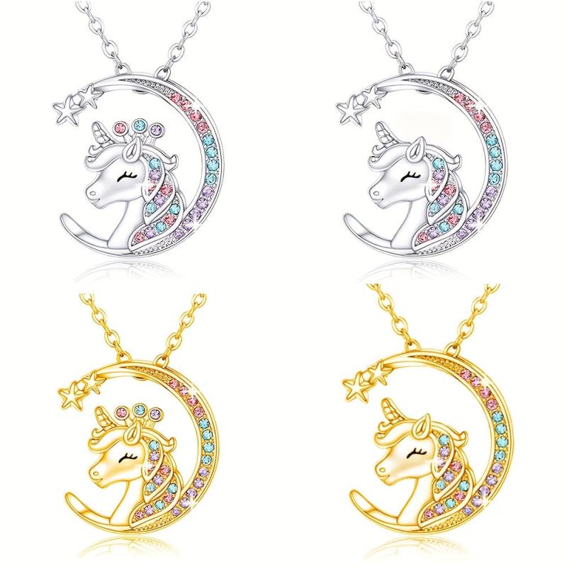 Sparkling Moon Unicorn Pendant Necklace Animal Jewelry