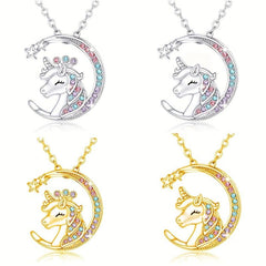 Sparkling Moon Unicorn Pendant Necklace Animal Jewelry