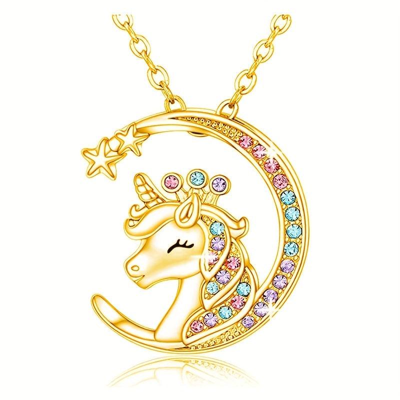 Sparkling Moon Unicorn Pendant Necklace Animal Jewelry