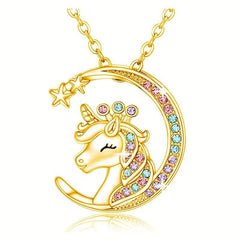 Sparkling Moon Unicorn Pendant Necklace Animal Jewelry