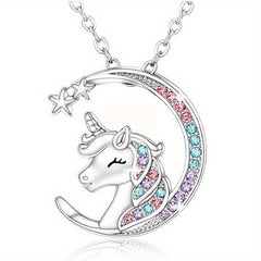 Sparkling Moon Unicorn Pendant Necklace Animal Jewelry