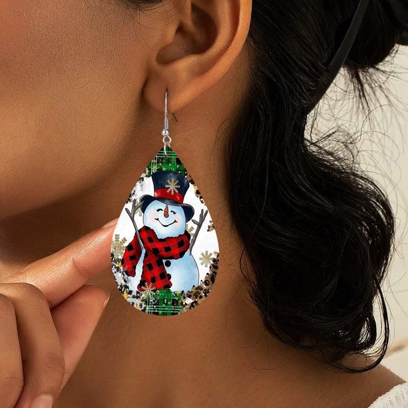 Red Scarf Snowman Teardrop Faux Leather Earrings Christmas Gift
