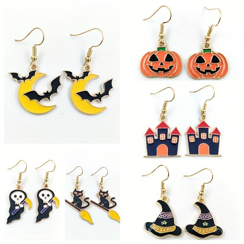 Halloween Earrings Pumpkin Moon Bat Haunted House Hat Pendant Jewelry