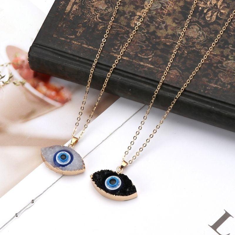 Evil Eye Stone Pendant Necklace Natural Quartz Geode Crystal Jewelry