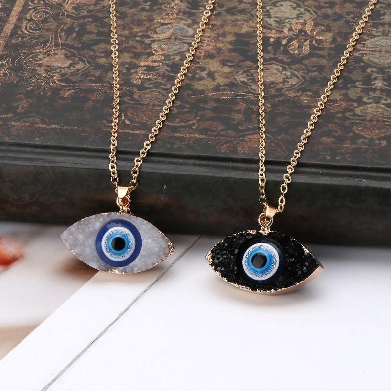 Evil Eye Stone Pendant Necklace Natural Quartz Geode Crystal Jewelry