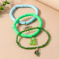 Bohemian Ethnic Bracelet Eye Leaf Bear Pendant Polymer Y2 Stacked Bracelet Set