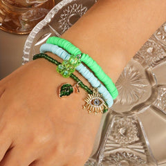 Bohemian Ethnic Bracelet Eye Leaf Bear Pendant Polymer Y2 Stacked Bracelet Set