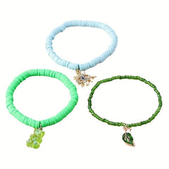 Bohemian Ethnic Bracelet Eye Leaf Bear Pendant Polymer Y2 Stacked Bracelet Set