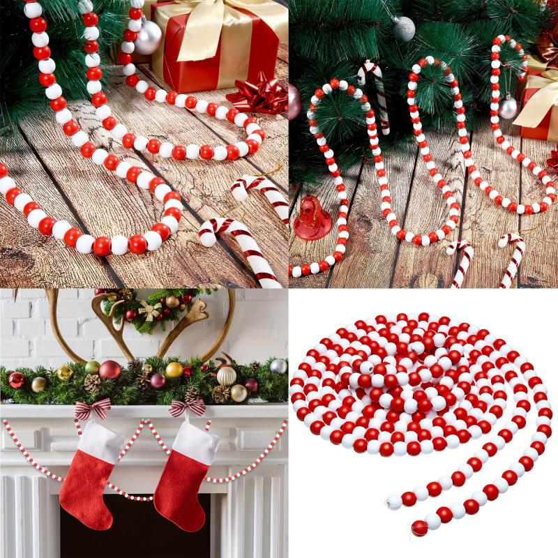 16ft Christmas Wood Bead Garland Candy Cane Farmhouse Decoration