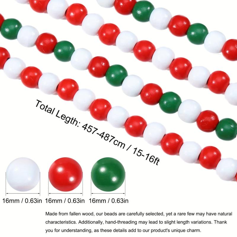 16ft Christmas Wood Bead Garland Candy Cane Farmhouse Decoration
