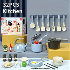 32pcs Kids Kitchen Toy Accessories Pretend Cooking Playset w/ Pots Pans Utensils