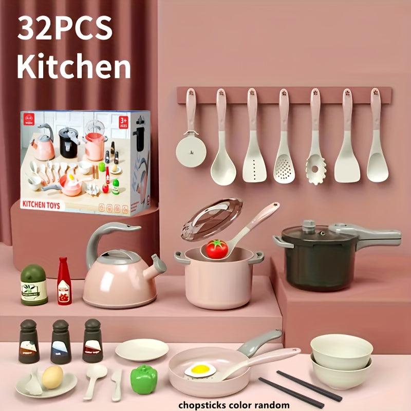32pcs Kids Kitchen Toy Accessories Pretend Cooking Playset w/ Pots Pans Utensils