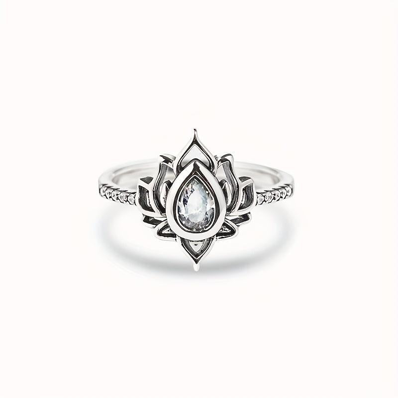 Vintage Flame Shape Lotus Ring Chinese Style Wide Face Finger Ring