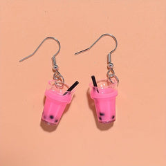 Creative Simulation Pearl Milk Tea Earrings Funny Girl Ear Drop Earrings