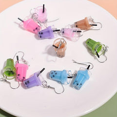 Creative Simulation Pearl Milk Tea Earrings Funny Girl Ear Drop Earrings