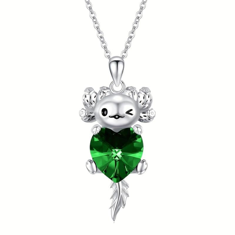 Cartoon Axolotl Green Heart Crystal Pendant Necklace Animal Jewelry Charm