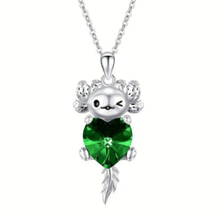 Cartoon Axolotl Green Heart Crystal Pendant Necklace Animal Jewelry Charm
