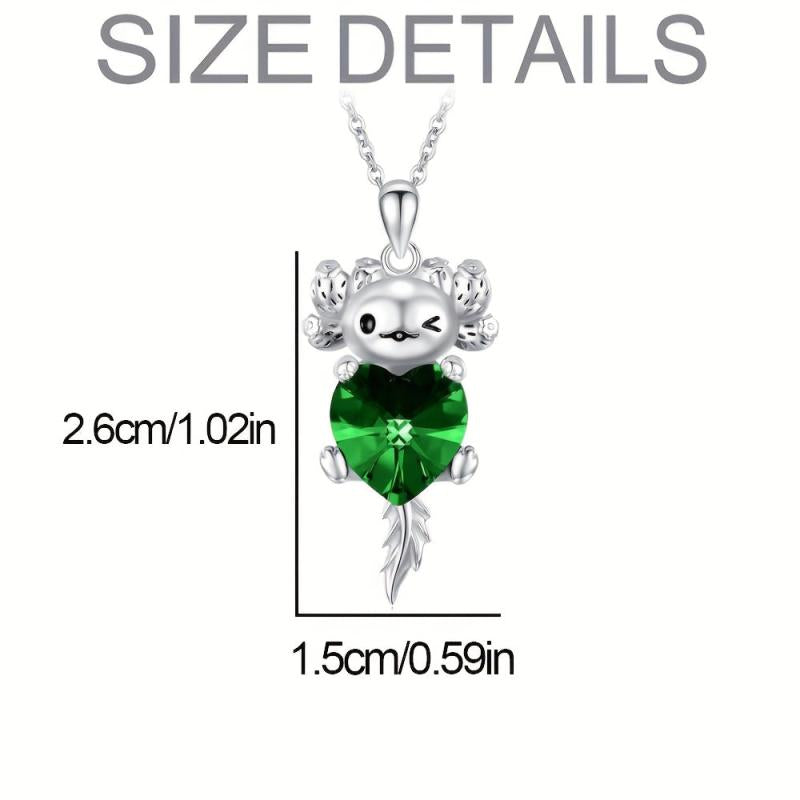 Cartoon Axolotl Green Heart Crystal Pendant Necklace Animal Jewelry Charm