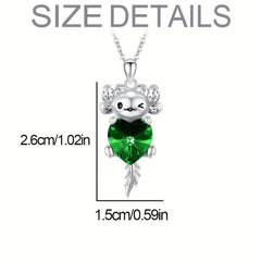 Cartoon Axolotl Green Heart Crystal Pendant Necklace Animal Jewelry Charm