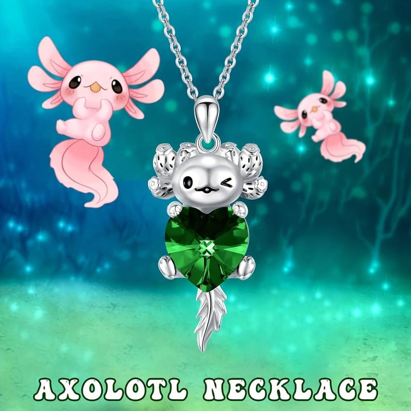Cartoon Axolotl Green Heart Crystal Pendant Necklace Animal Jewelry Charm