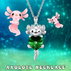 Cartoon Axolotl Green Heart Crystal Pendant Necklace Animal Jewelry Charm