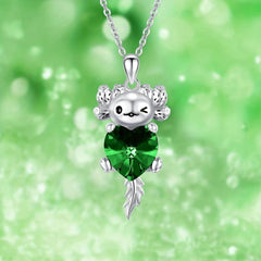 Cartoon Axolotl Green Heart Crystal Pendant Necklace Animal Jewelry Charm