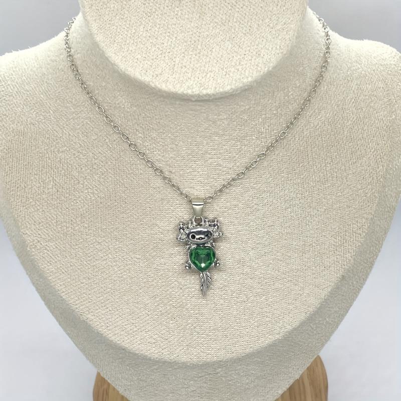Cartoon Axolotl Green Heart Crystal Pendant Necklace Animal Jewelry Charm