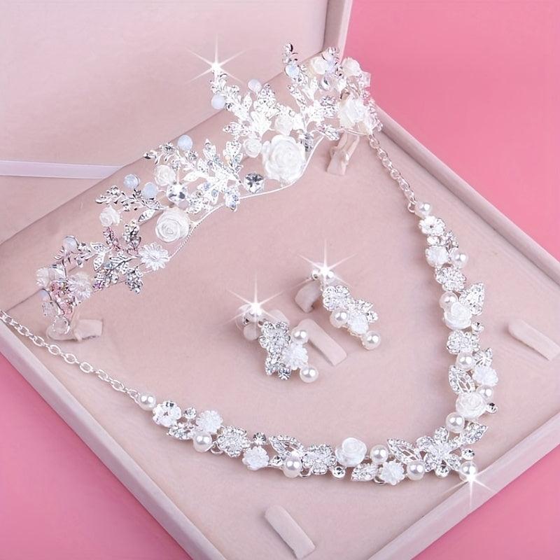 Girls Crown Necklace Earrings 3 Piece Bride Headwear Wedding Dress Accessories