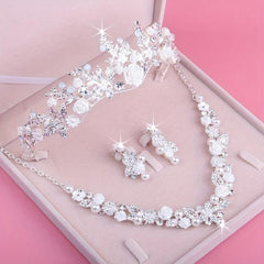 Girls Crown Necklace Earrings 3 Piece Bride Headwear Wedding Dress Accessories