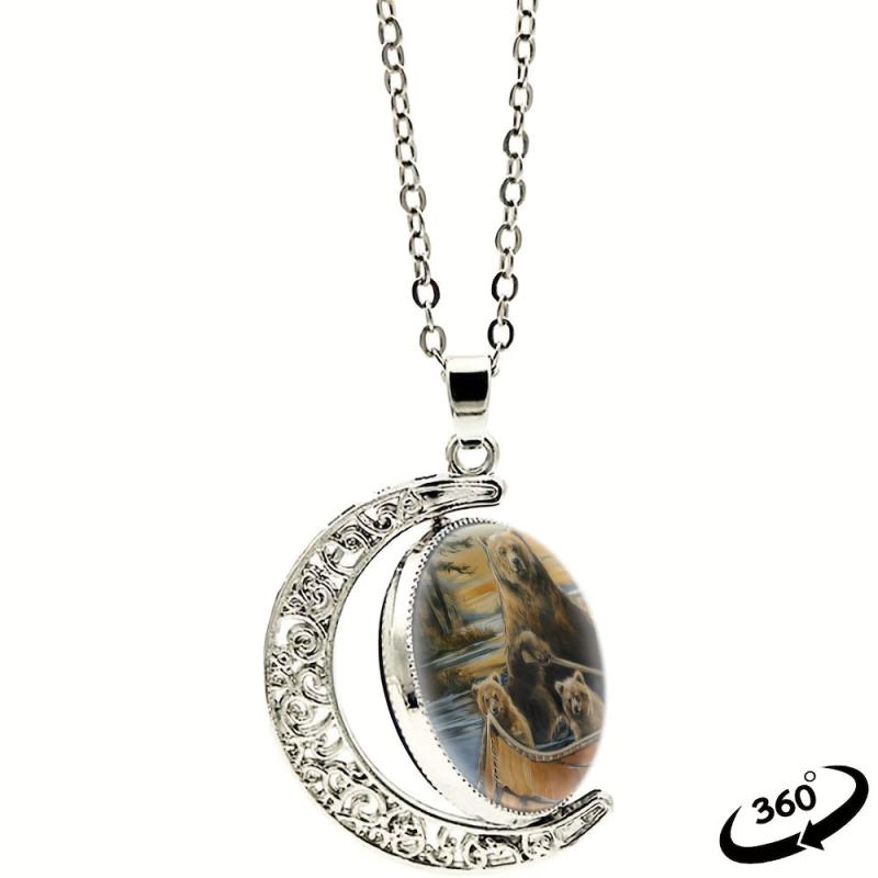 360 Rotatable Brown Bear Moon Necklace for Parent-Child Gift