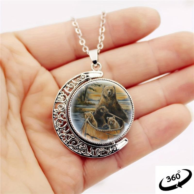 360 Rotatable Brown Bear Moon Necklace for Parent-Child Gift