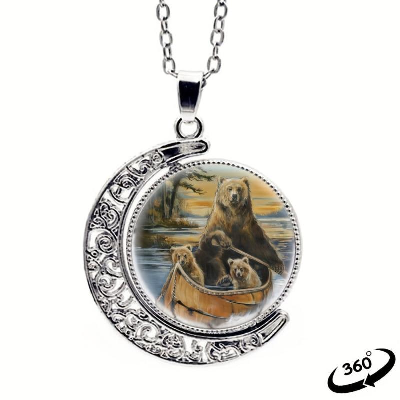 360 Rotatable Brown Bear Moon Necklace for Parent-Child Gift