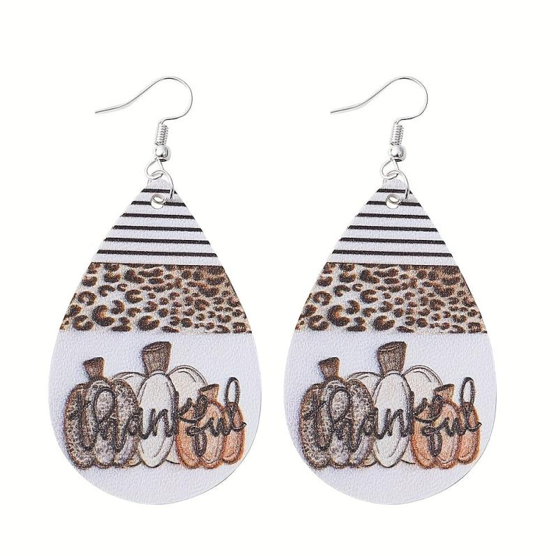 Leopard Print Pumpkin Halloween PU Leather Earrings