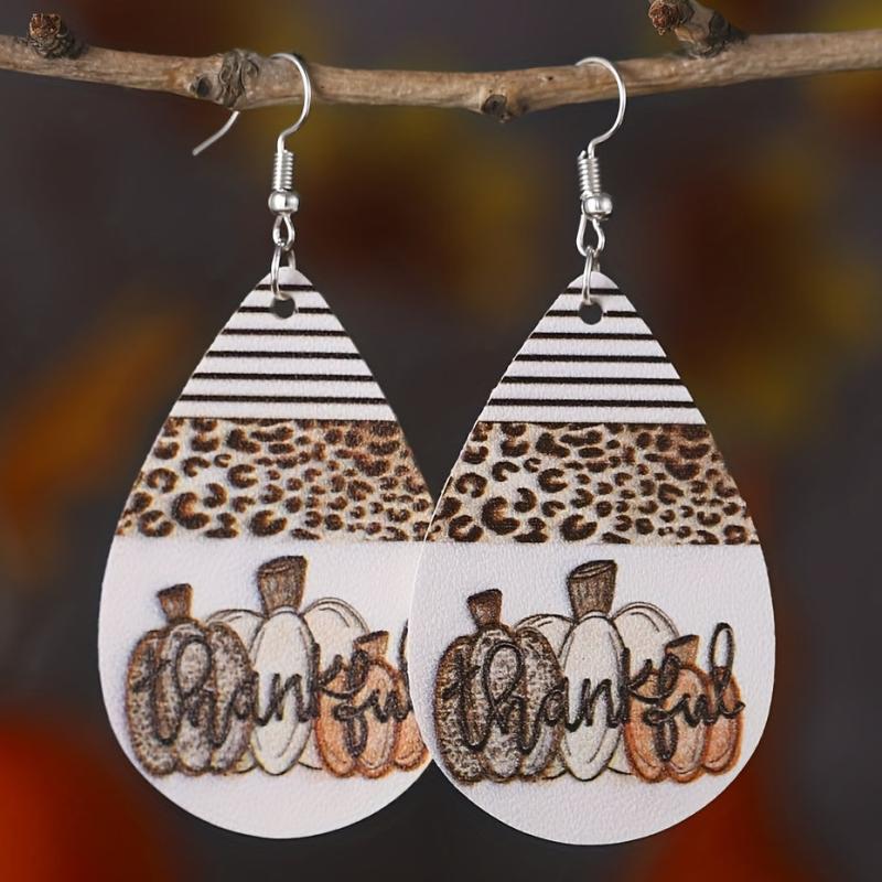 Leopard Print Pumpkin Halloween PU Leather Earrings