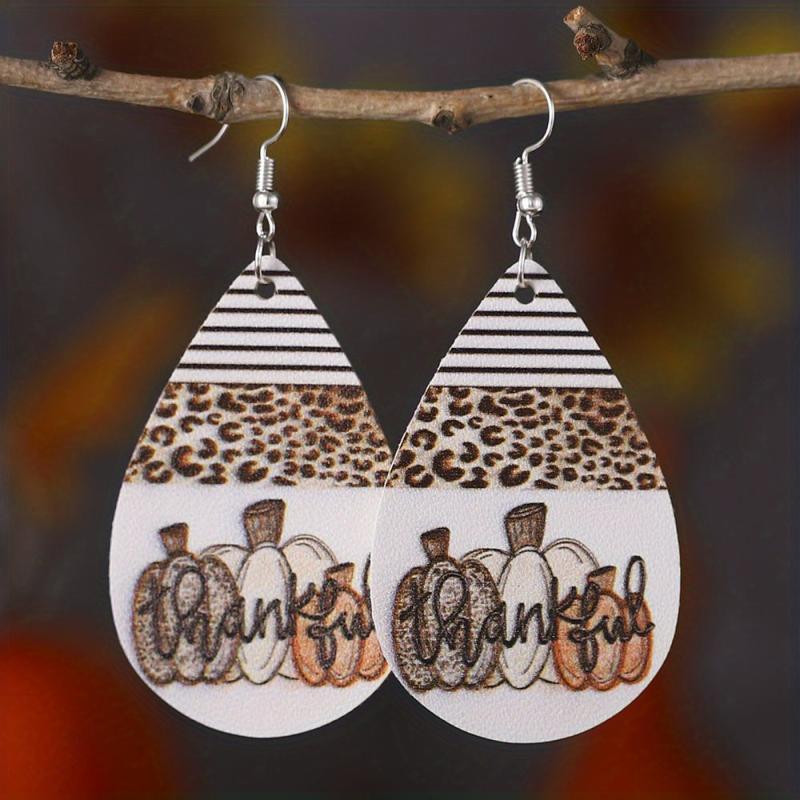 Leopard Print Pumpkin Halloween PU Leather Earrings