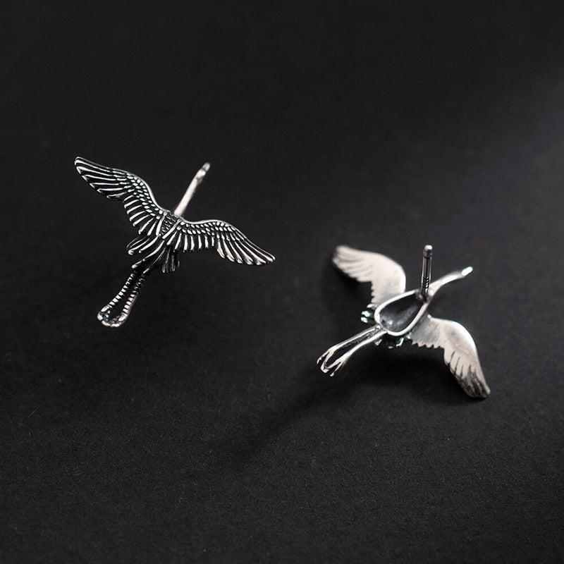 Distressed Metal Flying Crane Stud Earrings Ancient Silver Flying Bird Wings