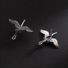 Distressed Metal Flying Crane Stud Earrings Ancient Silver Flying Bird Wings