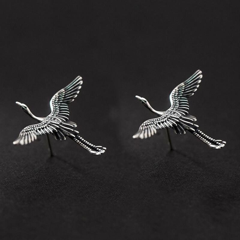 Distressed Metal Flying Crane Stud Earrings Ancient Silver Flying Bird Wings