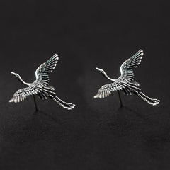 Distressed Metal Flying Crane Stud Earrings Ancient Silver Flying Bird Wings