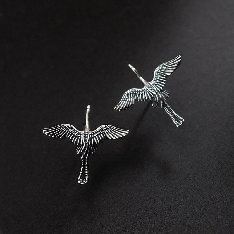 Distressed Metal Flying Crane Stud Earrings Ancient Silver Flying Bird Wings