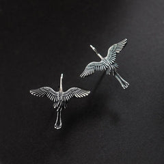 Distressed Metal Flying Crane Stud Earrings Ancient Silver Flying Bird Wings