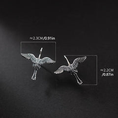Distressed Metal Flying Crane Stud Earrings Ancient Silver Flying Bird Wings