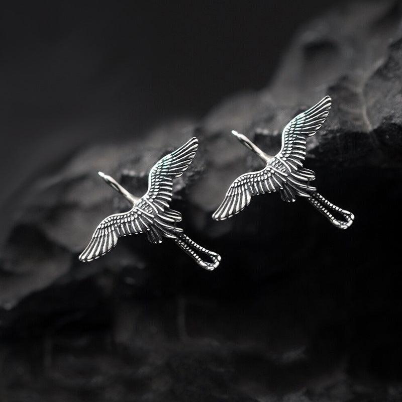Distressed Metal Flying Crane Stud Earrings Ancient Silver Flying Bird Wings