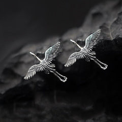 Distressed Metal Flying Crane Stud Earrings Ancient Silver Flying Bird Wings
