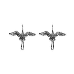 Distressed Metal Flying Crane Stud Earrings Ancient Silver Flying Bird Wings
