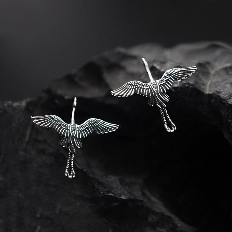 Distressed Metal Flying Crane Stud Earrings Ancient Silver Flying Bird Wings