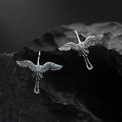 Distressed Metal Flying Crane Stud Earrings Ancient Silver Flying Bird Wings