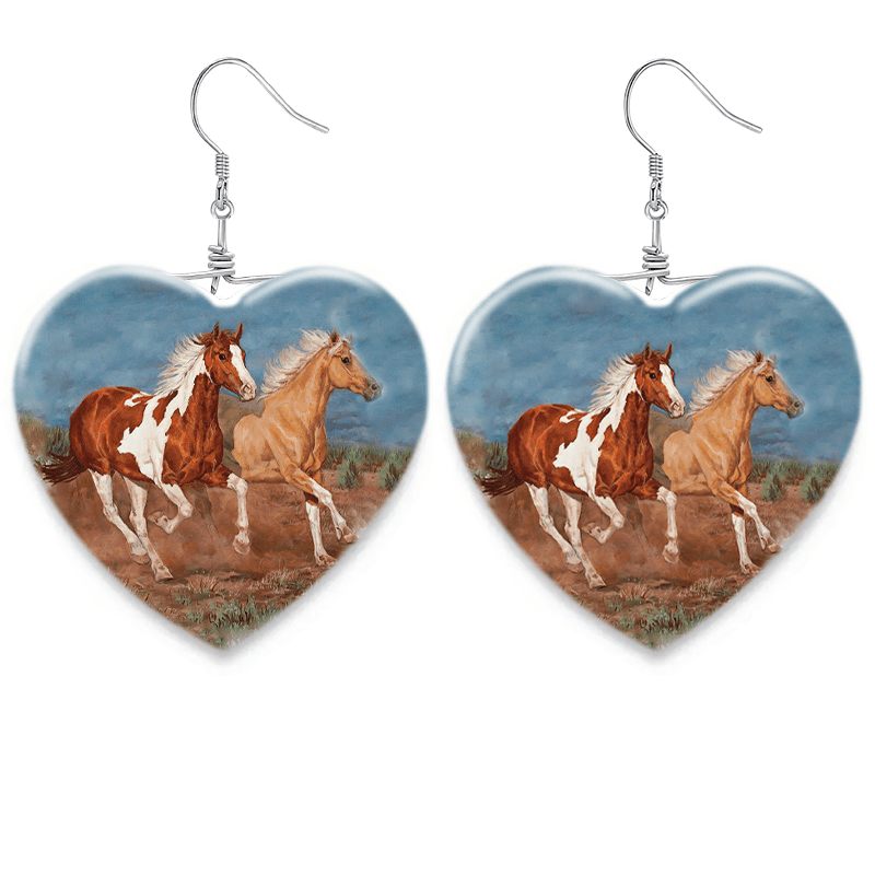 Cartoon Horse Pattern Heart Glass Dangle Earrings
