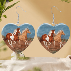 Cartoon Horse Pattern Heart Glass Dangle Earrings